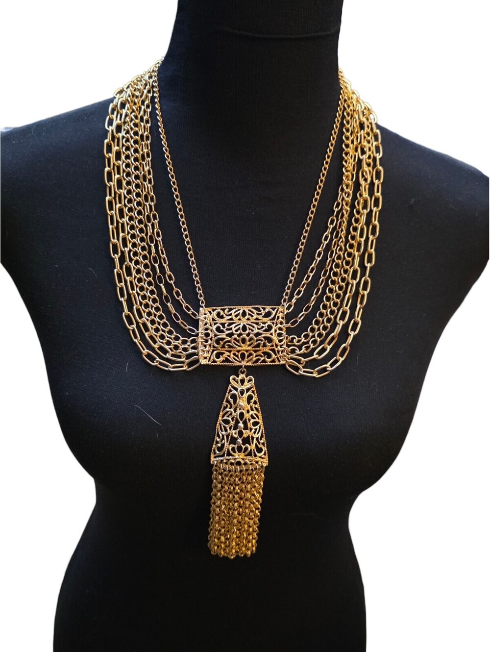 Vintage Egyptian Revival 1970s Gold Filligree Bib Necklace
